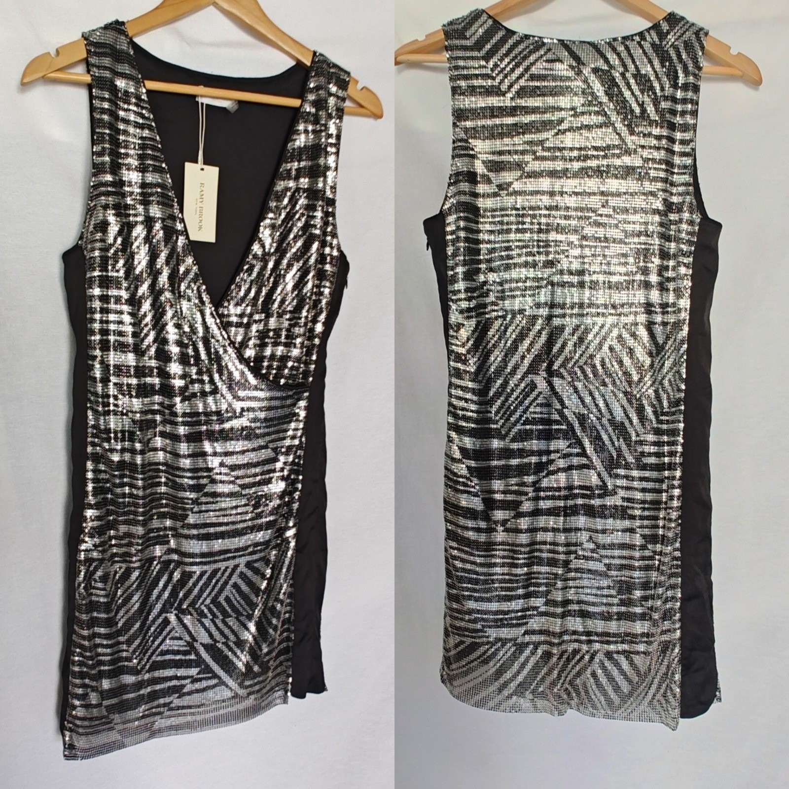 Ramy Brook Dress Printed Lola Black Silver Wrap Mini 2 Metal Relaxed Deep V New — image 2 of 8